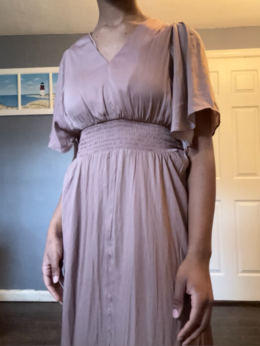 Flutter Sleeve V-Neck Midi Dress in Dusty Rose